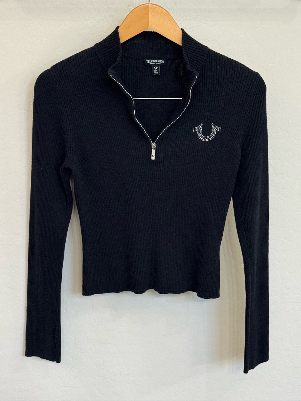 True Religion Black Ribbed Crystal Logo Zip Mock Neck Top Size M Y2K Streetwear
